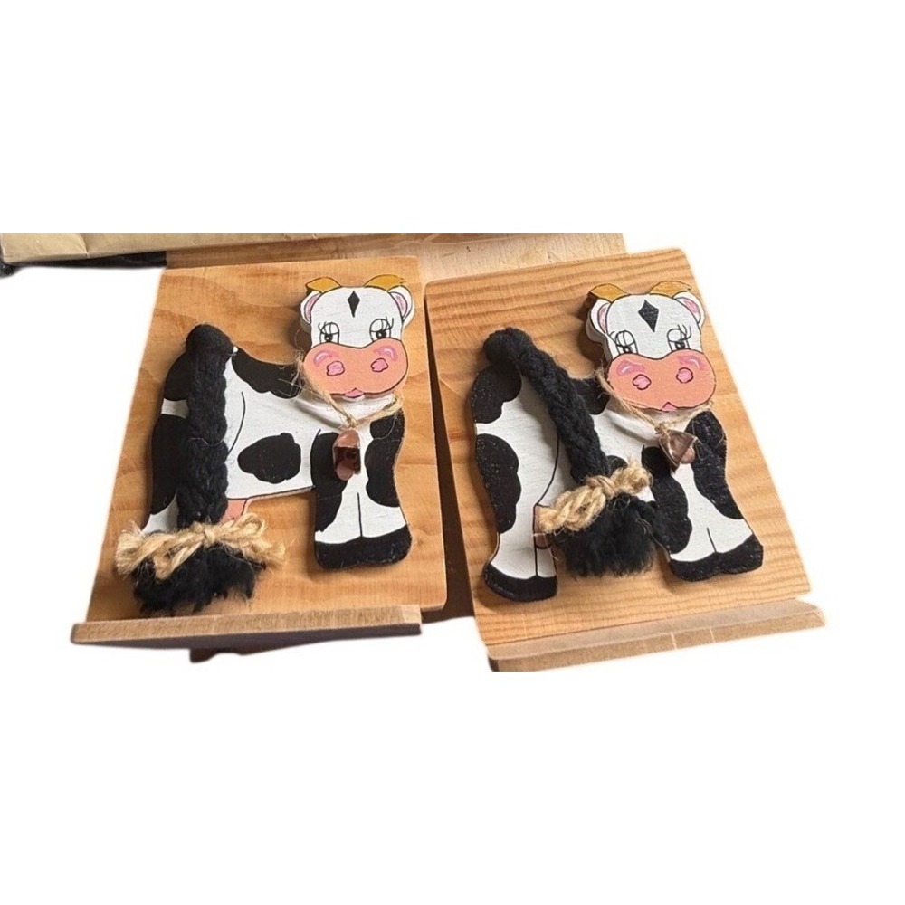 Vintage Wooden‎ Cow Bookends Set Farmhouse Holstein Hand Painted Nursery Decor
